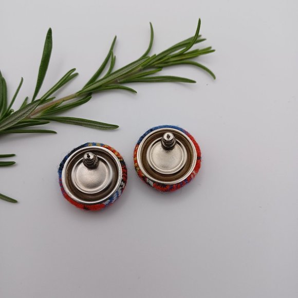 Button Earrings - Red and Blue Tweed Wool Fabric - Picture 7 of 8
